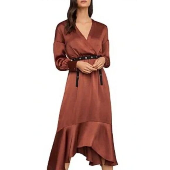 BCBGMAXAZRIA Dresses & Skirts - Brown Midi Dress Long Sleeve Wrap Style Belted Asymmetrical Hem‎ BCBGMaxazria S